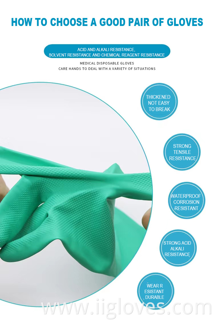 Directly Exported Flocked Lining Green Reusable Chemical Resistant Nitrile Gloves 33/45/60cm